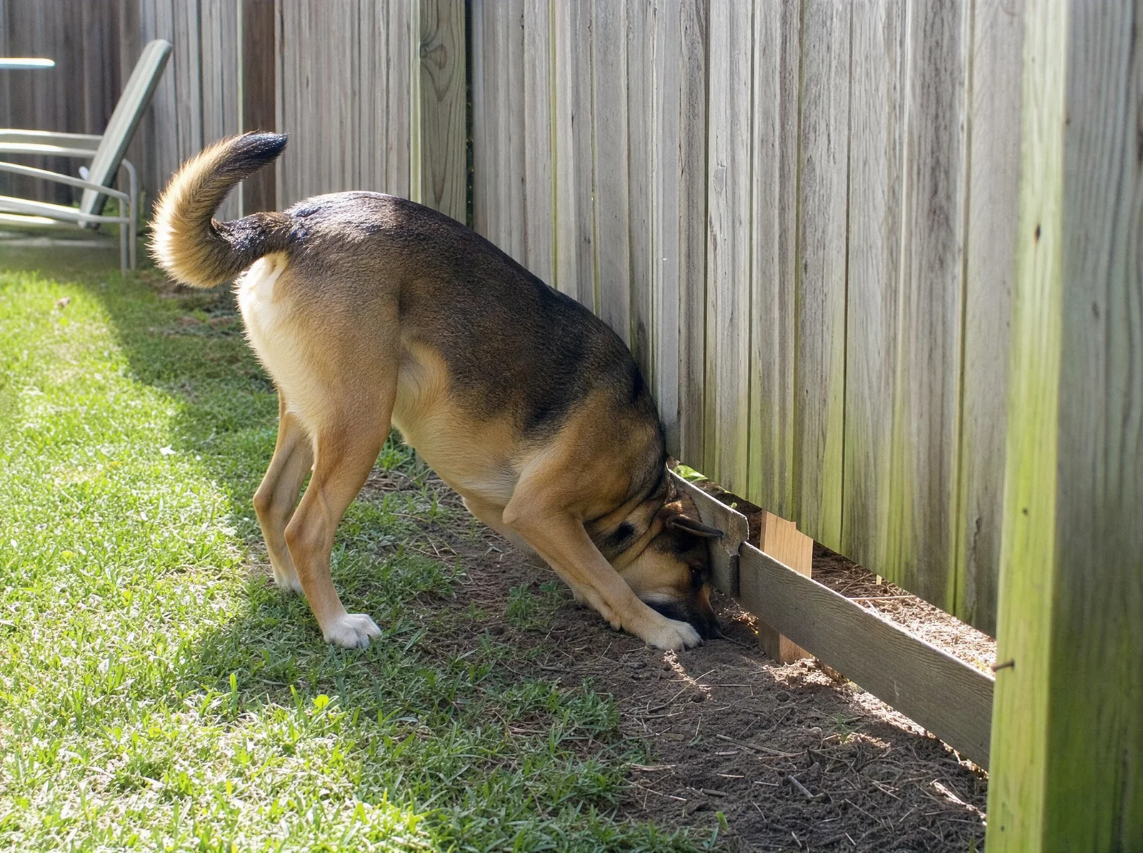 Dog sniffing and digging at a gap where the bottom rail of a wood privacy fence has failed