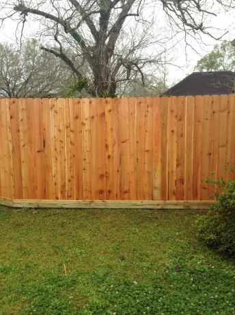 Privacy fence with a kick board under a large oak