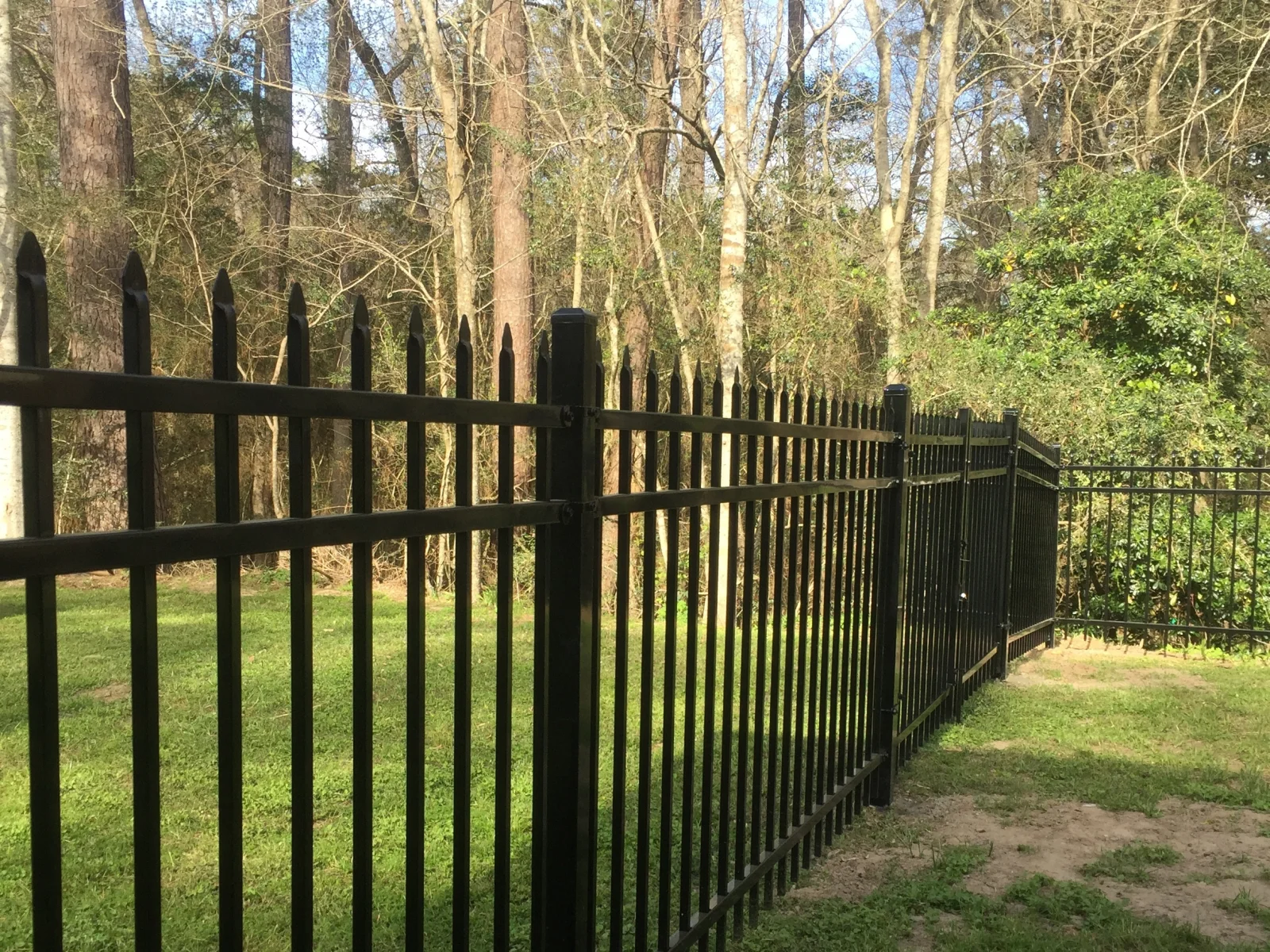 Black aluminum fence with spear-top pickets and a gate