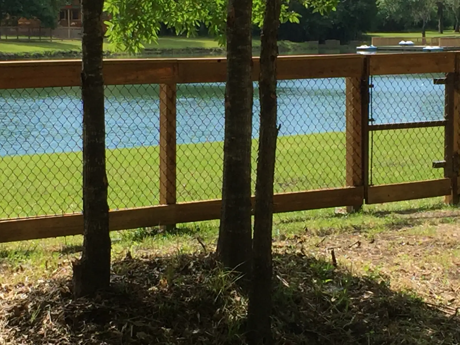 Chain link fence framed in wood posts and rails along a pond