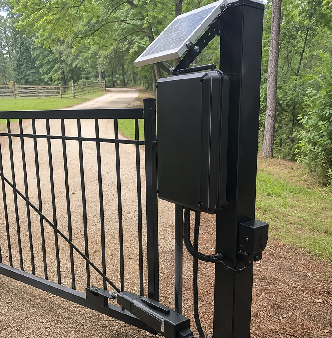 Solar panel, control box, and swing-arm operator mounted on a driveway gate post over a gravel drive