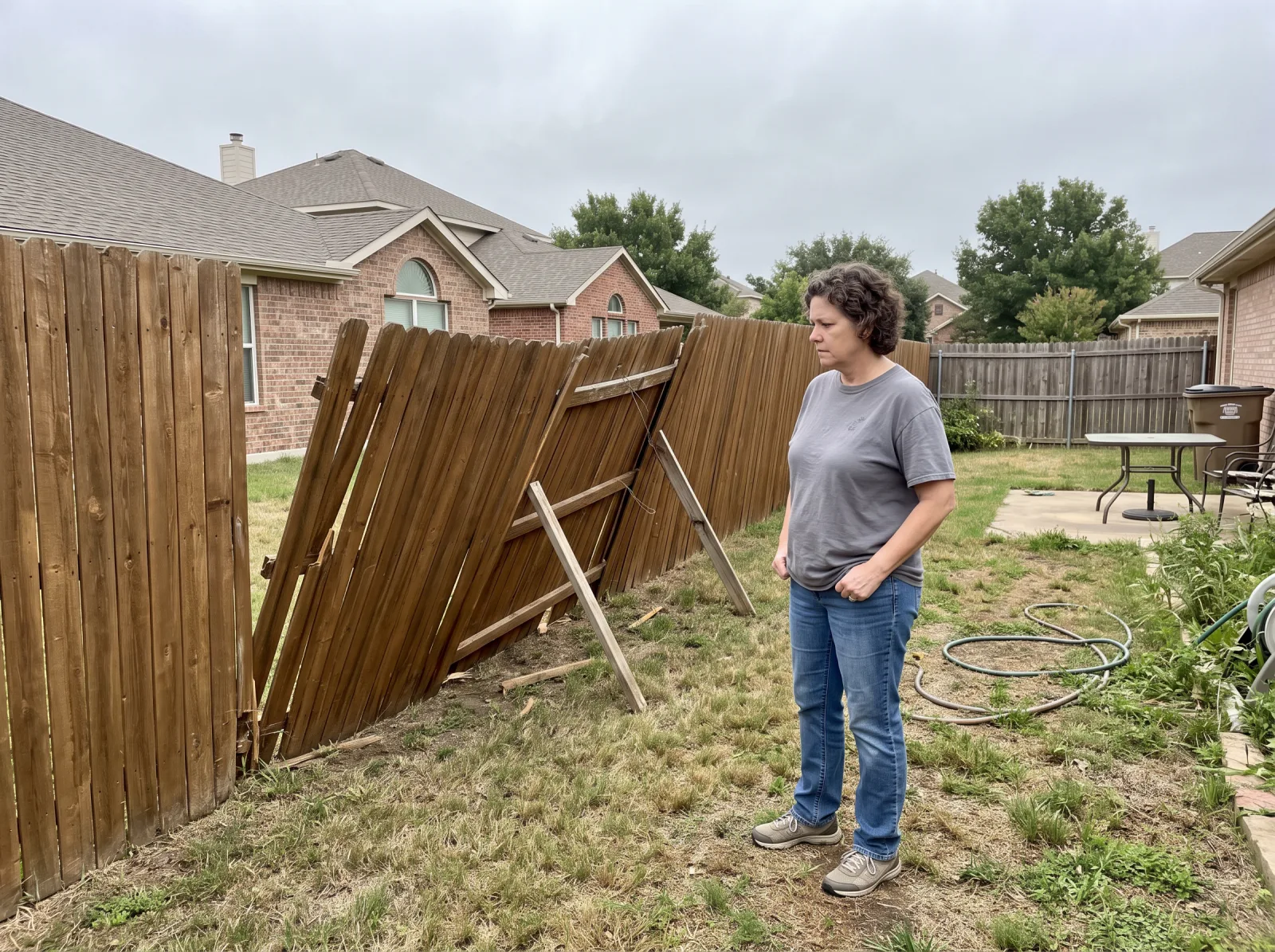 Homeowner looking at a leaning wood privacy fence propped up with braces