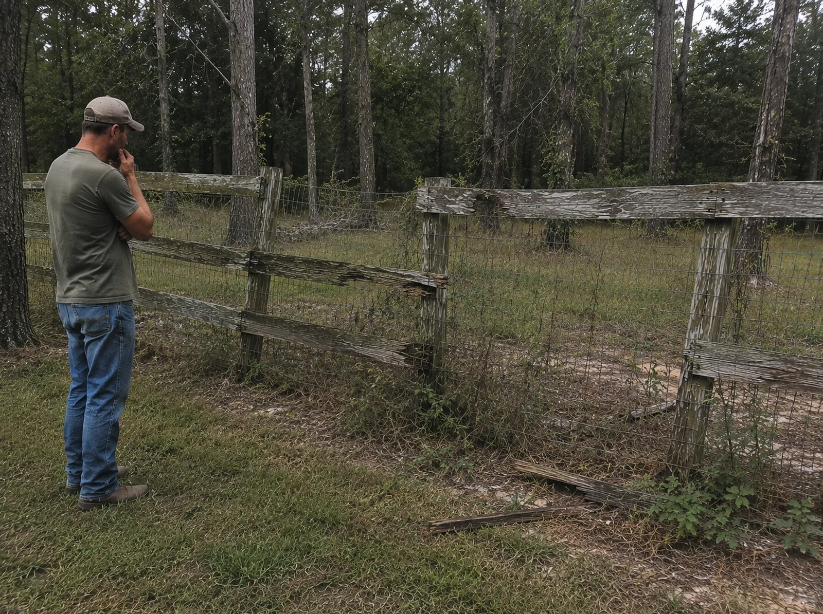 Man inspecting a broken, weathered pasture rail fence with sagging wire mesh