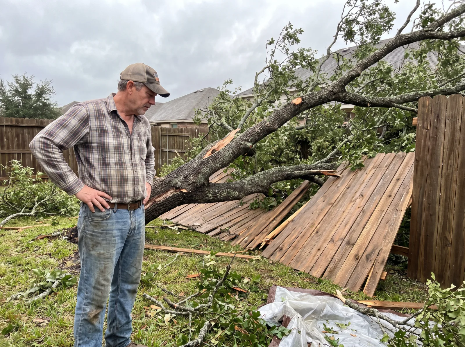 Man surveying a fallen tree that crushed a section of wood fence